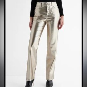 Express Metallic Gold Faux Leather High Rise Straight Pants Jeans 8S